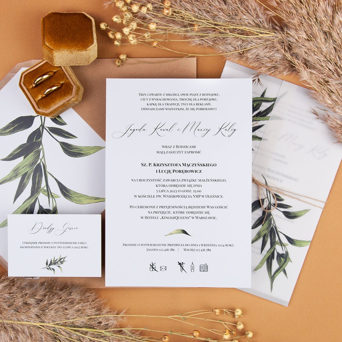 Botaniczne zaproszenia ślubne z motywem gałązki oliwnej - Boho